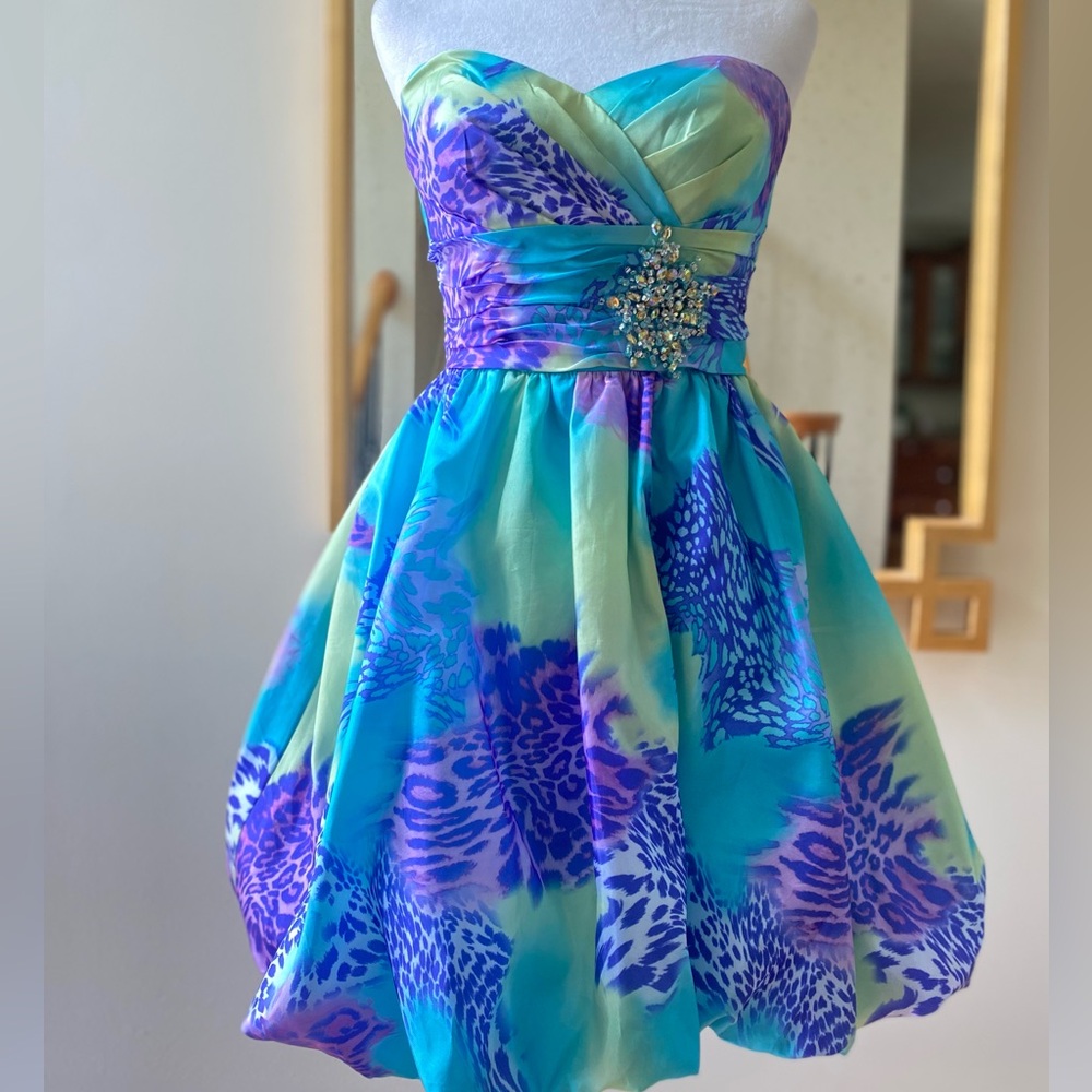 Mori Lee Sticks & Stones Teal/Purple Leopard Bubble Hem Mini Dress, size 3/4